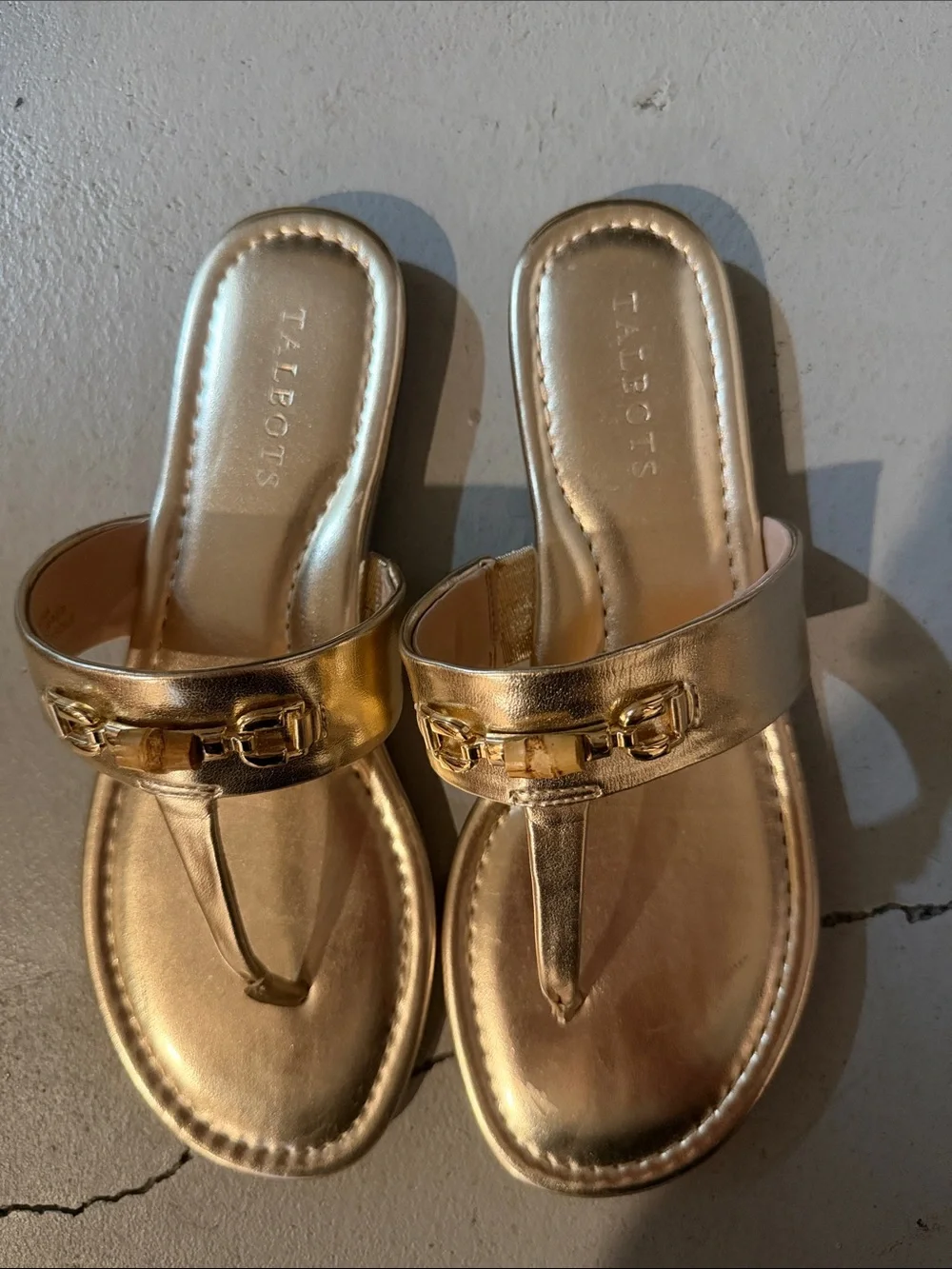 Talbots Metallic Gold Leather Thong Sandals with Horsebit Accent
